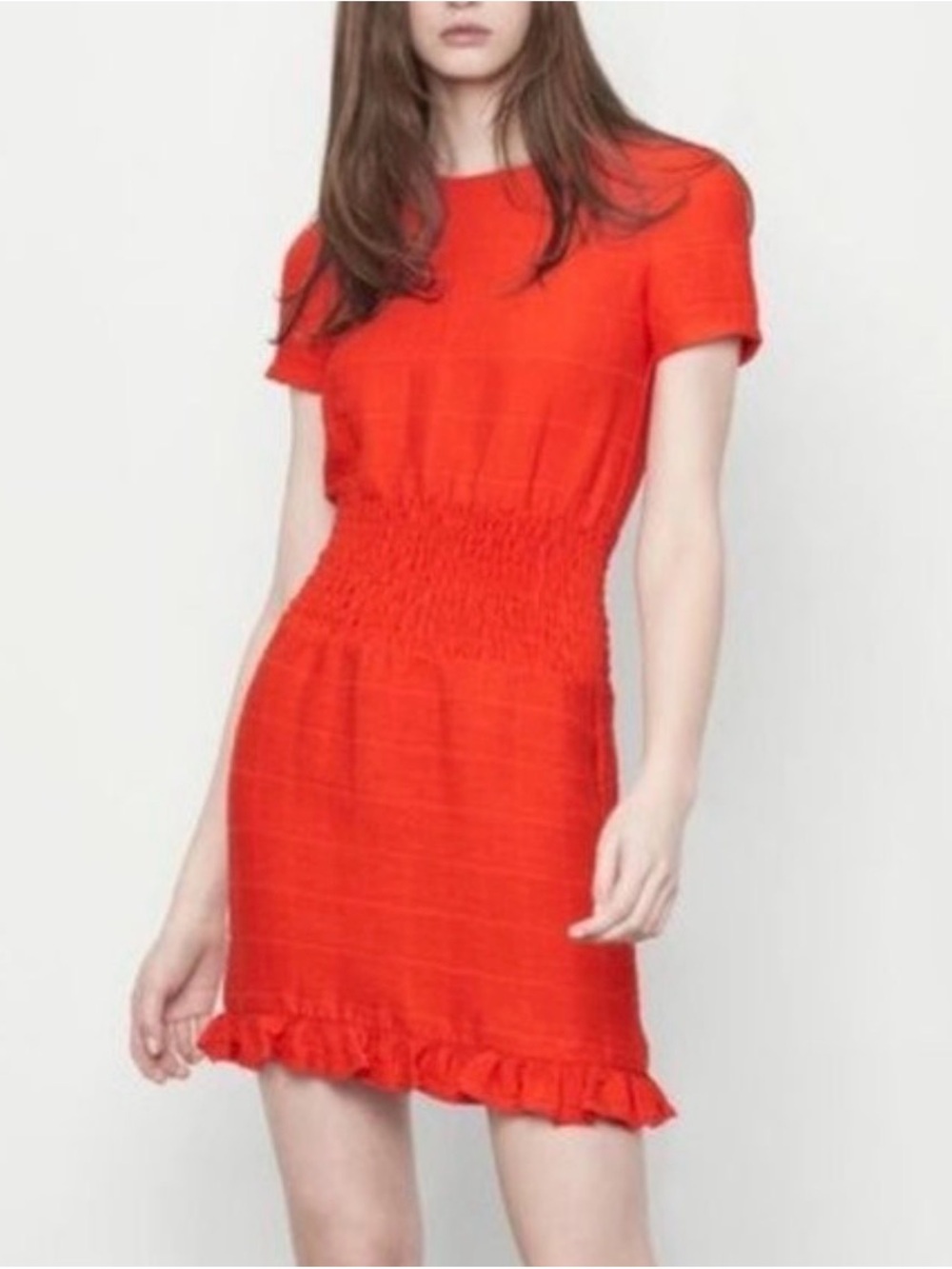 Maje Orange-Red Smocked Waist Short Sleeve Ruffle Hem Dress